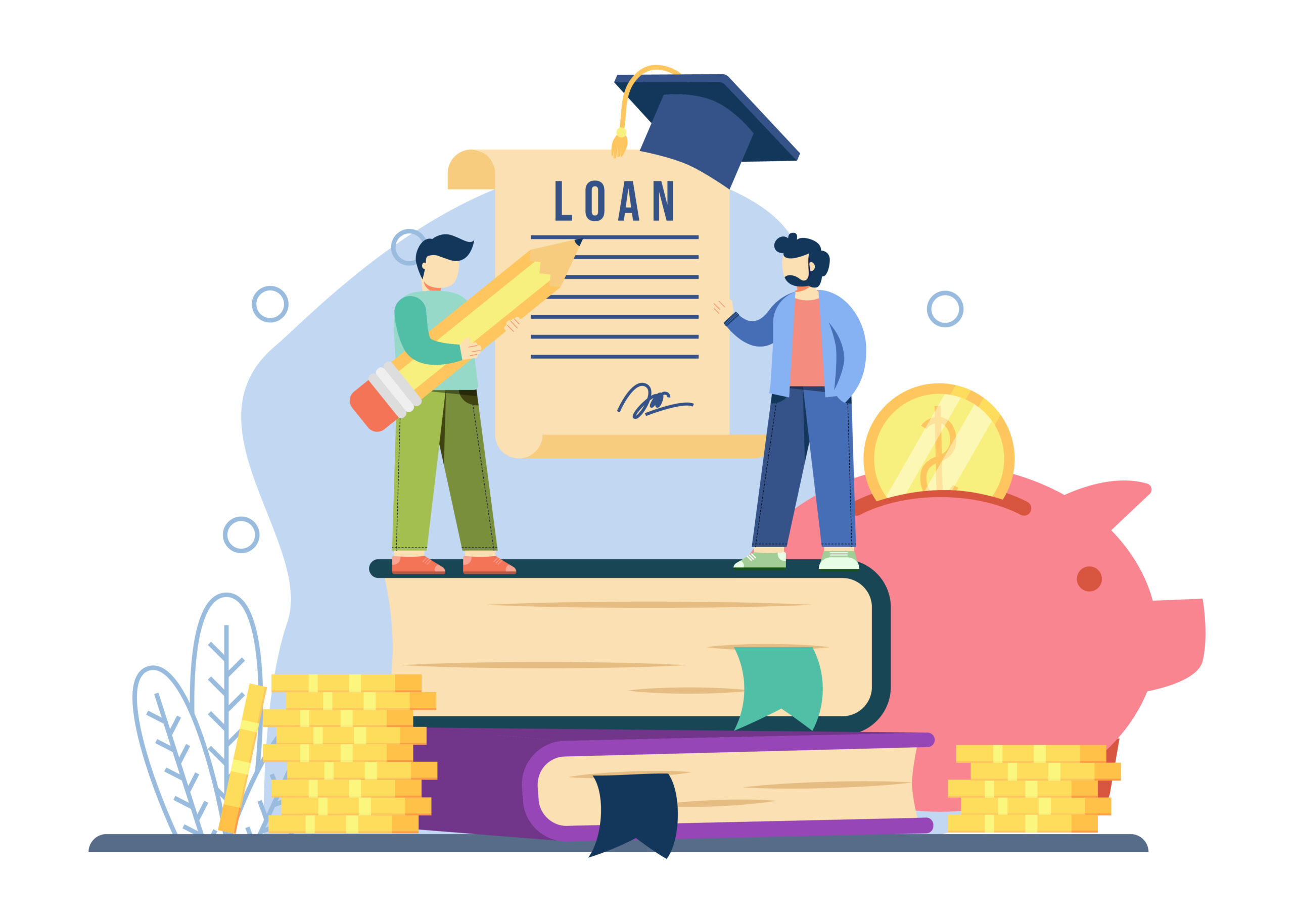 student loan concept. man holding a Big pencil for the signature of the education sheet. investment in knowledge, student loans,money savings for study. vector illustration